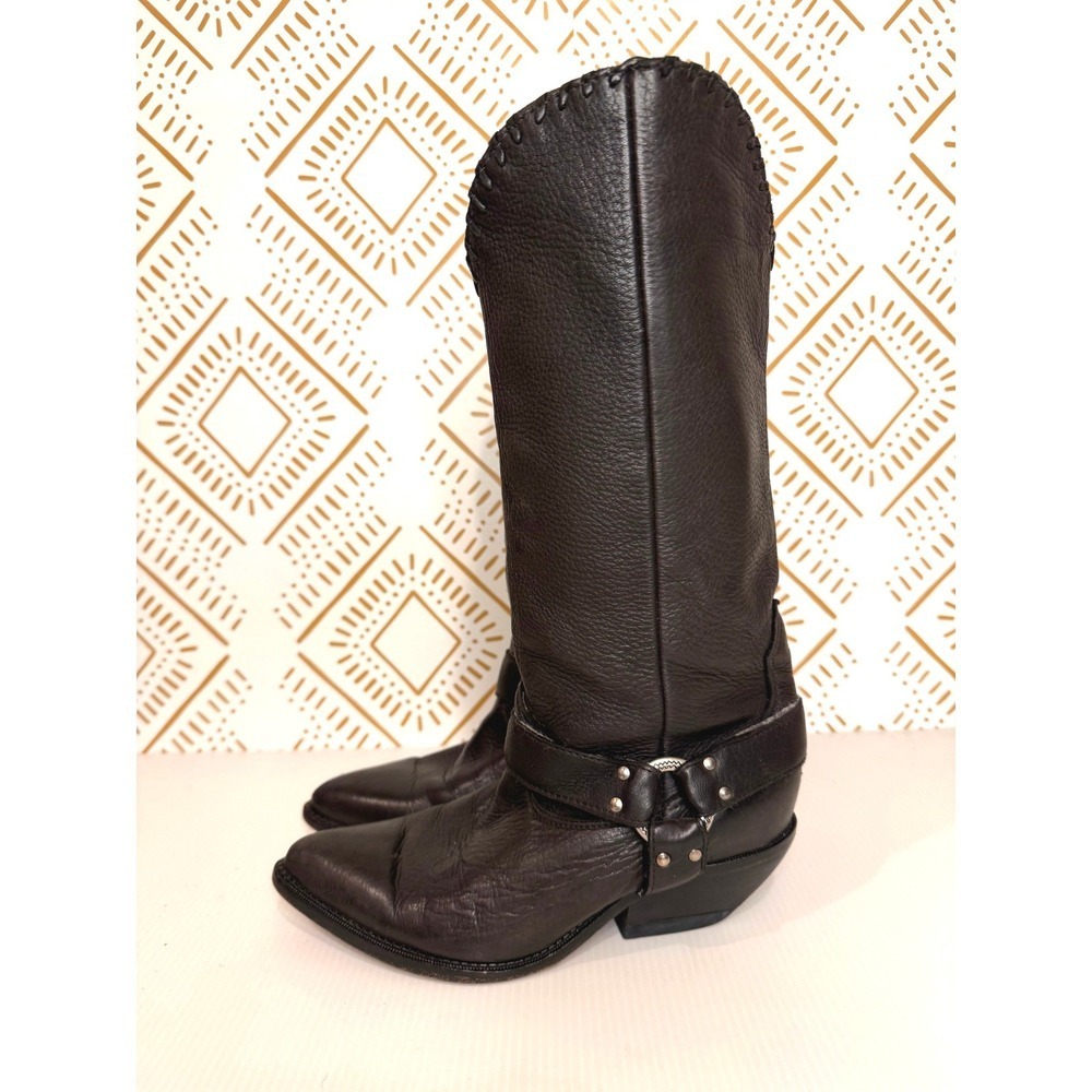 Vintage Zodiac Black Leather Harness Boots Womens 6 Western Biker Edgy Moto - Picture 2 of 13